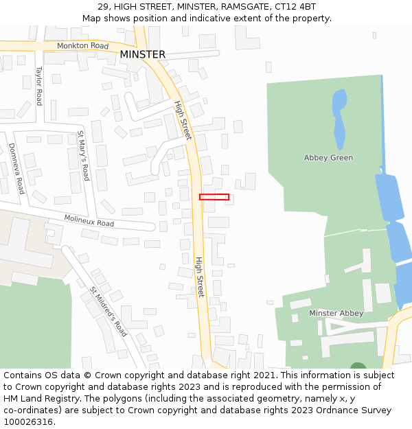 29, HIGH STREET, MINSTER, RAMSGATE, CT12 4BT: Location map and indicative extent of plot