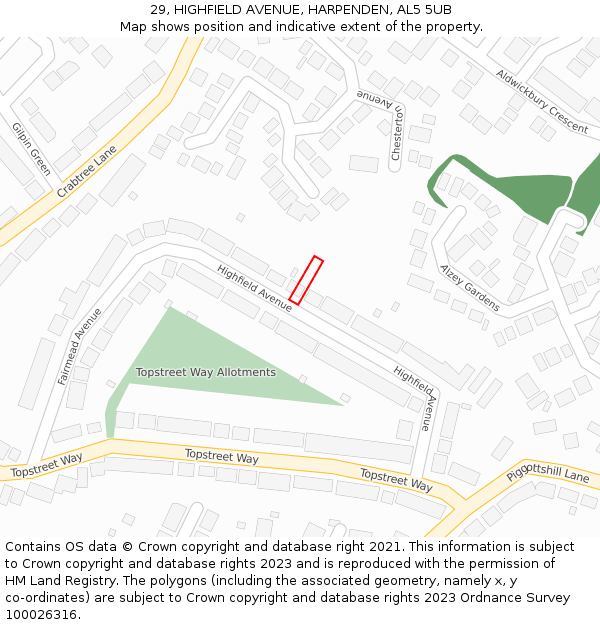 29, HIGHFIELD AVENUE, HARPENDEN, AL5 5UB: Location map and indicative extent of plot