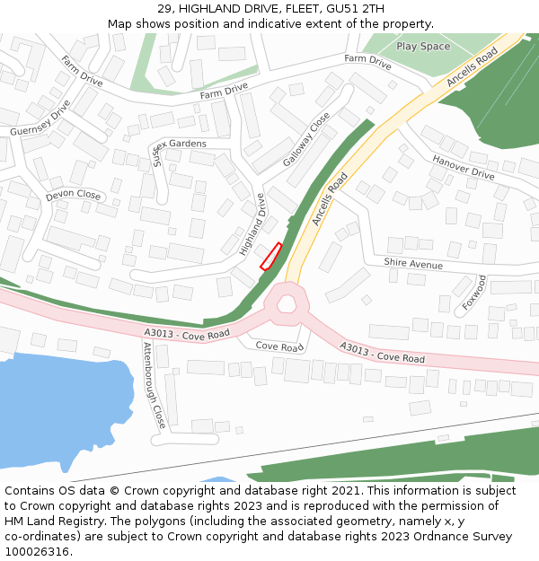 29, HIGHLAND DRIVE, FLEET, GU51 2TH: Location map and indicative extent of plot