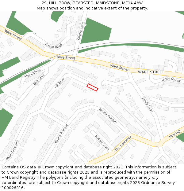 29, HILL BROW, BEARSTED, MAIDSTONE, ME14 4AW: Location map and indicative extent of plot