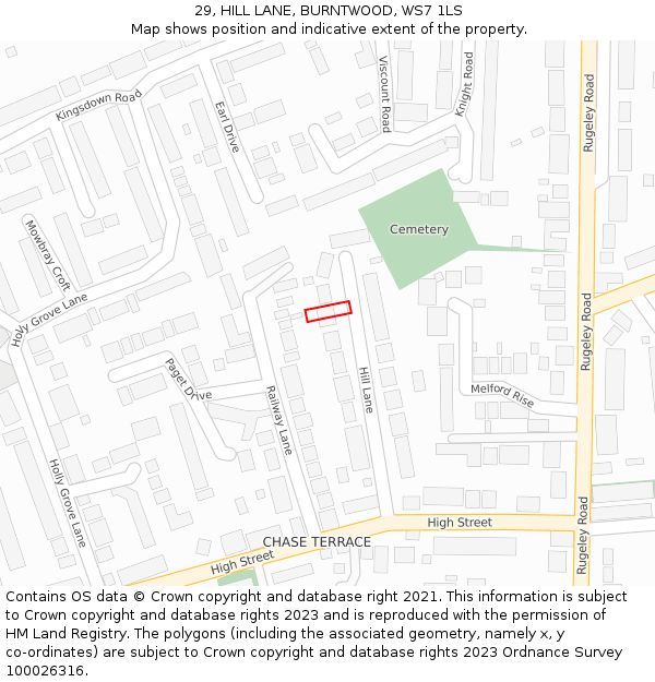 29, HILL LANE, BURNTWOOD, WS7 1LS: Location map and indicative extent of plot