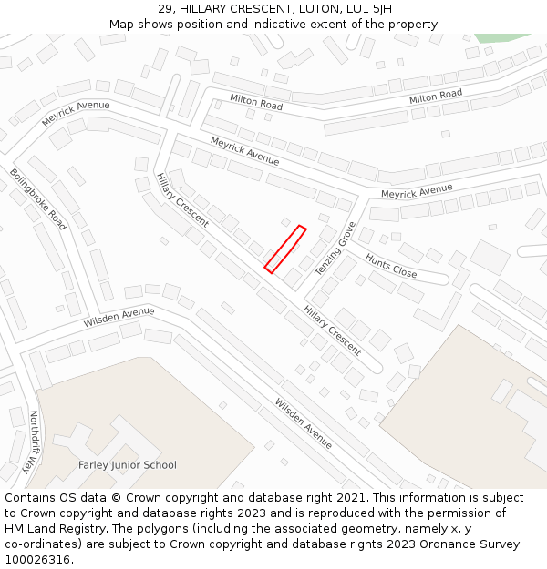 29, HILLARY CRESCENT, LUTON, LU1 5JH: Location map and indicative extent of plot