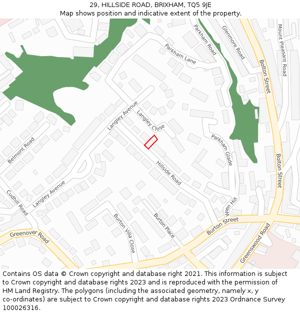 29, HILLSIDE ROAD, BRIXHAM, TQ5 9JE: Location map and indicative extent of plot