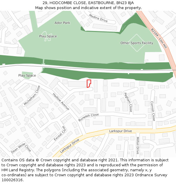 29, HODCOMBE CLOSE, EASTBOURNE, BN23 8JA: Location map and indicative extent of plot