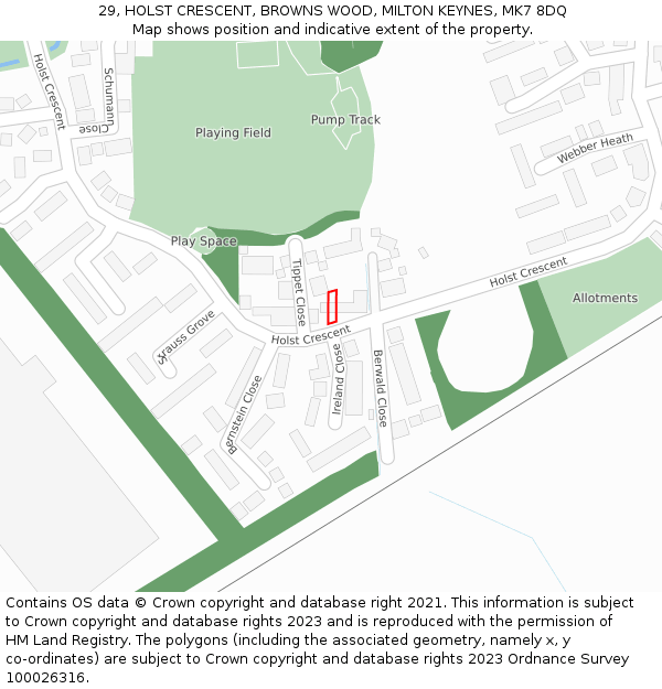 29, HOLST CRESCENT, BROWNS WOOD, MILTON KEYNES, MK7 8DQ: Location map and indicative extent of plot