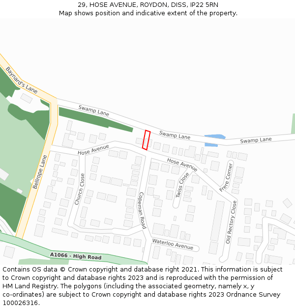 29, HOSE AVENUE, ROYDON, DISS, IP22 5RN: Location map and indicative extent of plot