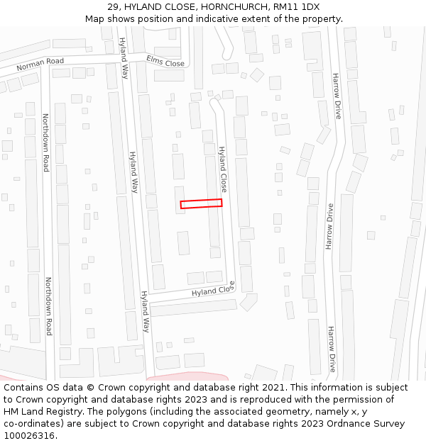 29, HYLAND CLOSE, HORNCHURCH, RM11 1DX: Location map and indicative extent of plot