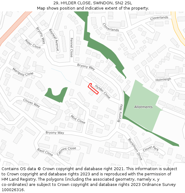 29, HYLDER CLOSE, SWINDON, SN2 2SL: Location map and indicative extent of plot