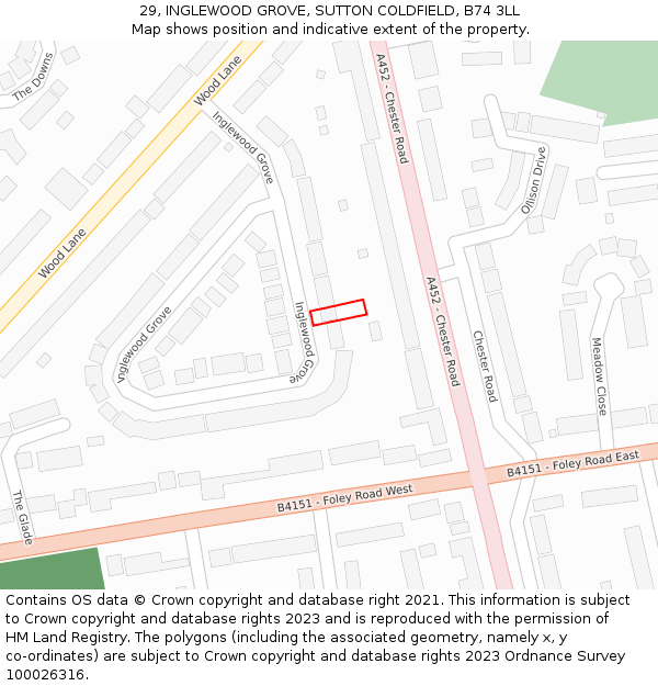 29, INGLEWOOD GROVE, SUTTON COLDFIELD, B74 3LL: Location map and indicative extent of plot