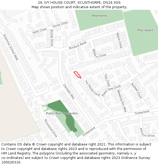 29, IVY HOUSE COURT, SCUNTHORPE, DN16 3GS: Location map and indicative extent of plot