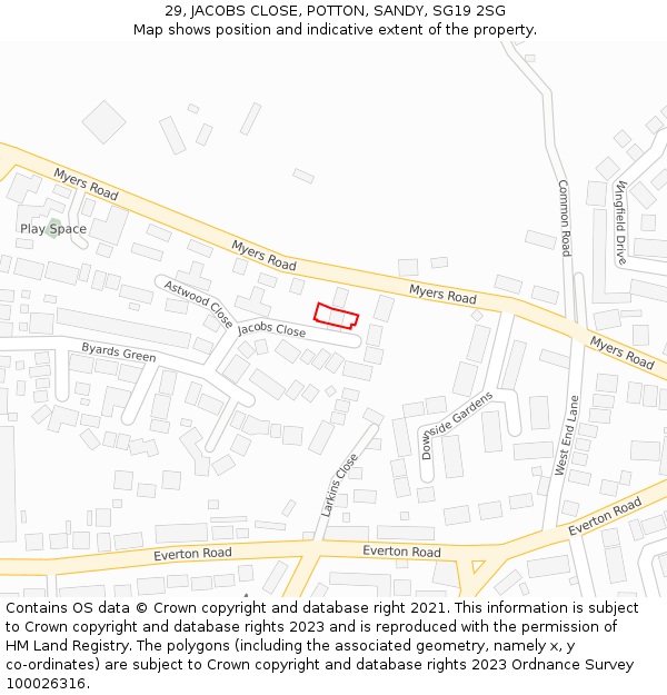 29, JACOBS CLOSE, POTTON, SANDY, SG19 2SG: Location map and indicative extent of plot