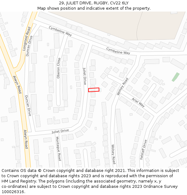 29, JULIET DRIVE, RUGBY, CV22 6LY: Location map and indicative extent of plot