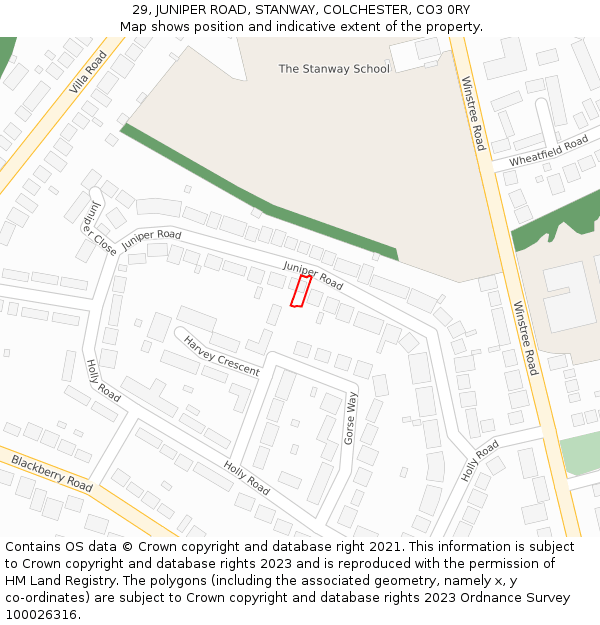 29, JUNIPER ROAD, STANWAY, COLCHESTER, CO3 0RY: Location map and indicative extent of plot