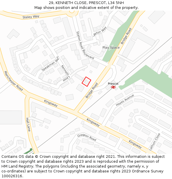 29, KENNETH CLOSE, PRESCOT, L34 5NH: Location map and indicative extent of plot