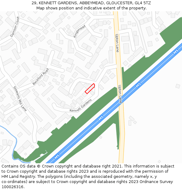 29, KENNETT GARDENS, ABBEYMEAD, GLOUCESTER, GL4 5TZ: Location map and indicative extent of plot