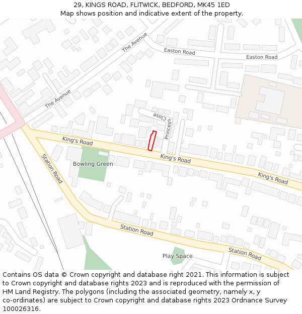 29, KINGS ROAD, FLITWICK, BEDFORD, MK45 1ED: Location map and indicative extent of plot