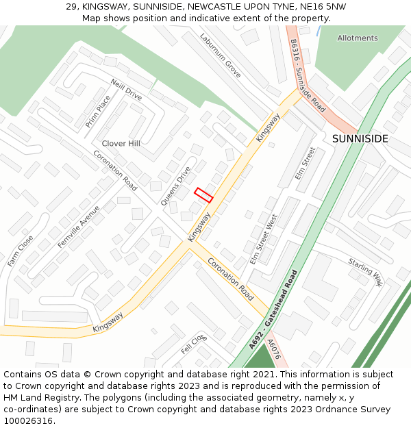 29, KINGSWAY, SUNNISIDE, NEWCASTLE UPON TYNE, NE16 5NW: Location map and indicative extent of plot