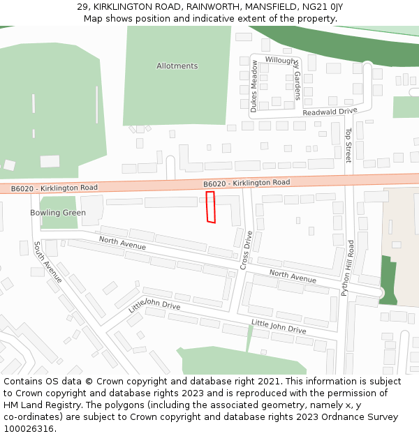 29, KIRKLINGTON ROAD, RAINWORTH, MANSFIELD, NG21 0JY: Location map and indicative extent of plot