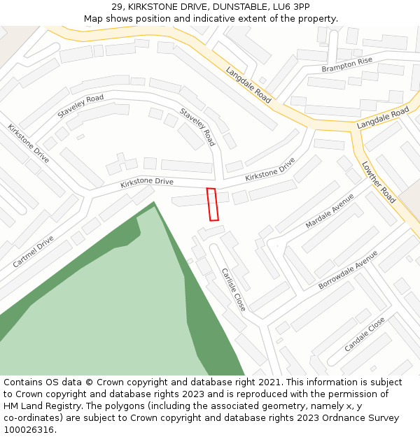 29, KIRKSTONE DRIVE, DUNSTABLE, LU6 3PP: Location map and indicative extent of plot