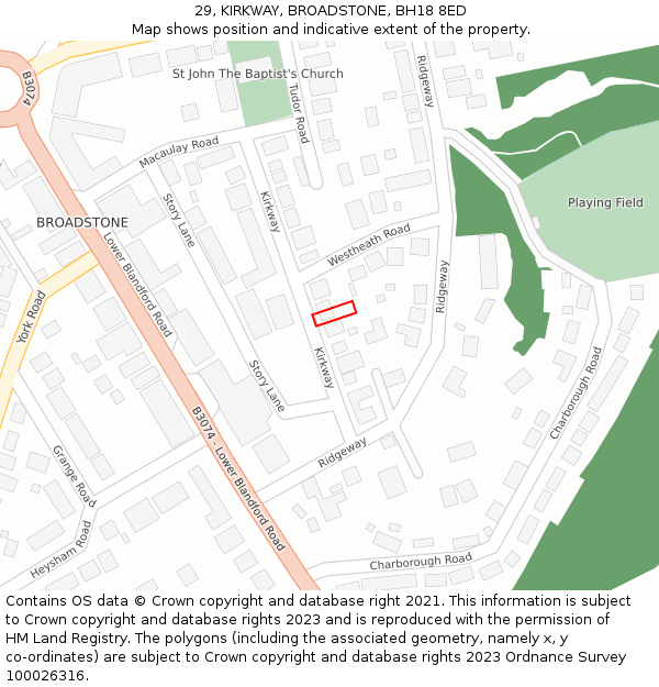 29, KIRKWAY, BROADSTONE, BH18 8ED: Location map and indicative extent of plot