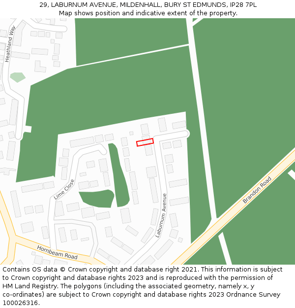 29, LABURNUM AVENUE, MILDENHALL, BURY ST EDMUNDS, IP28 7PL: Location map and indicative extent of plot