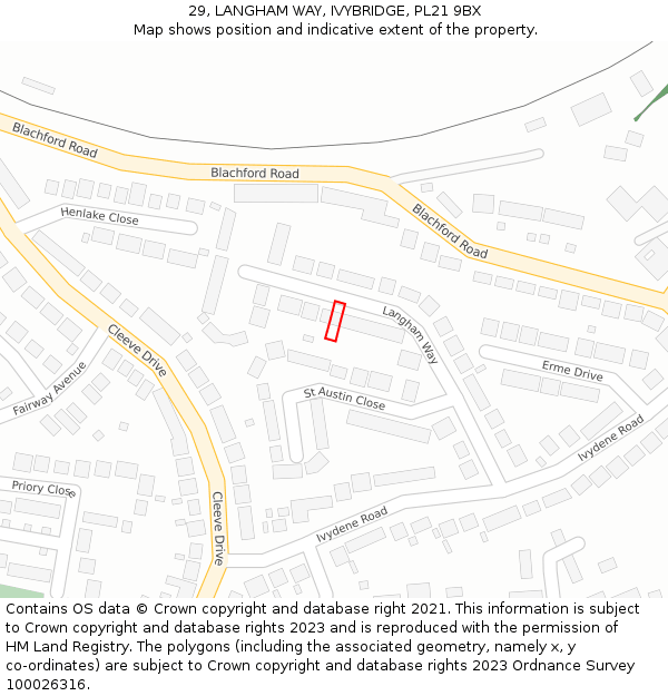 29, LANGHAM WAY, IVYBRIDGE, PL21 9BX: Location map and indicative extent of plot