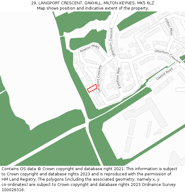 29, LANGPORT CRESCENT, OAKHILL, MILTON KEYNES, MK5 6LZ: Location map and indicative extent of plot