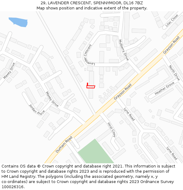 29, LAVENDER CRESCENT, SPENNYMOOR, DL16 7BZ: Location map and indicative extent of plot