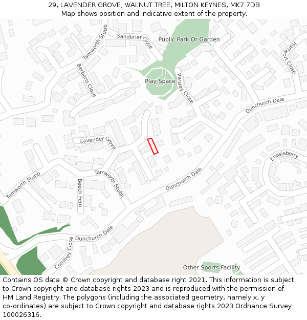 29, LAVENDER GROVE, WALNUT TREE, MILTON KEYNES, MK7 7DB: Location map and indicative extent of plot