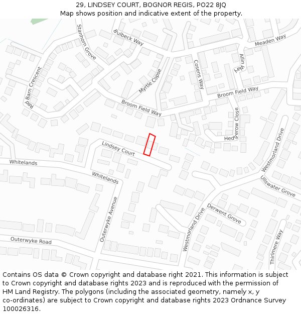 29, LINDSEY COURT, BOGNOR REGIS, PO22 8JQ: Location map and indicative extent of plot