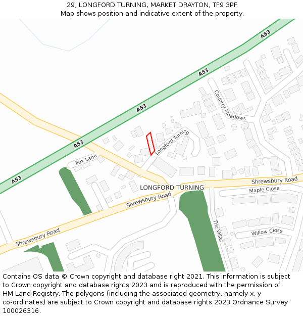29, LONGFORD TURNING, MARKET DRAYTON, TF9 3PF: Location map and indicative extent of plot