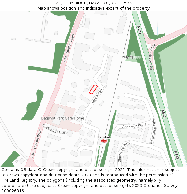29, LORY RIDGE, BAGSHOT, GU19 5BS: Location map and indicative extent of plot