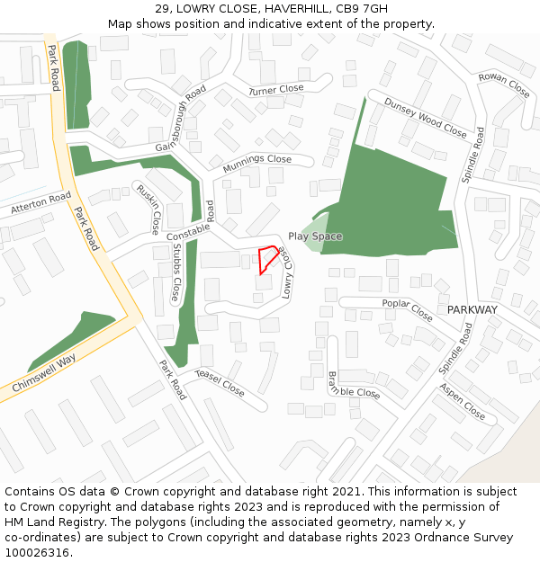 29, LOWRY CLOSE, HAVERHILL, CB9 7GH: Location map and indicative extent of plot