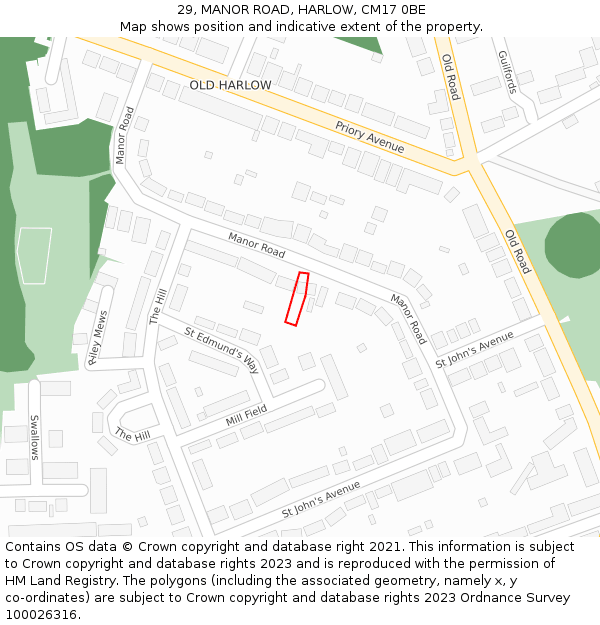 29, MANOR ROAD, HARLOW, CM17 0BE: Location map and indicative extent of plot