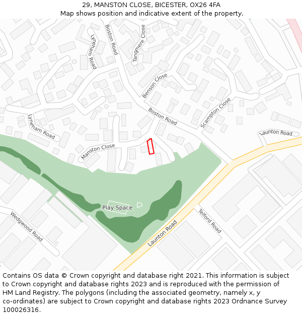 29, MANSTON CLOSE, BICESTER, OX26 4FA: Location map and indicative extent of plot