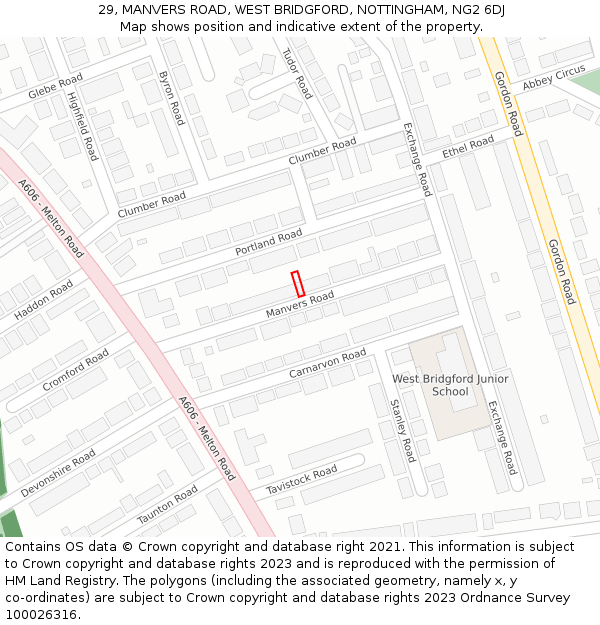 29, MANVERS ROAD, WEST BRIDGFORD, NOTTINGHAM, NG2 6DJ: Location map and indicative extent of plot