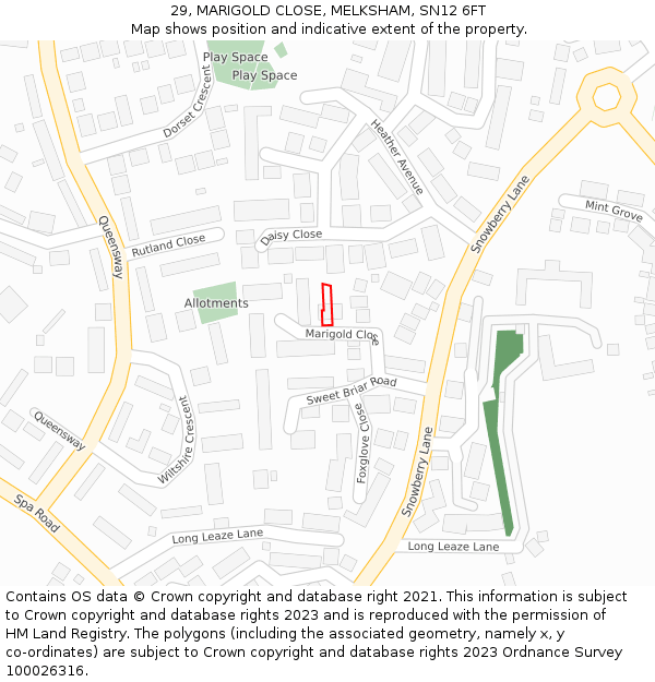 29, MARIGOLD CLOSE, MELKSHAM, SN12 6FT: Location map and indicative extent of plot