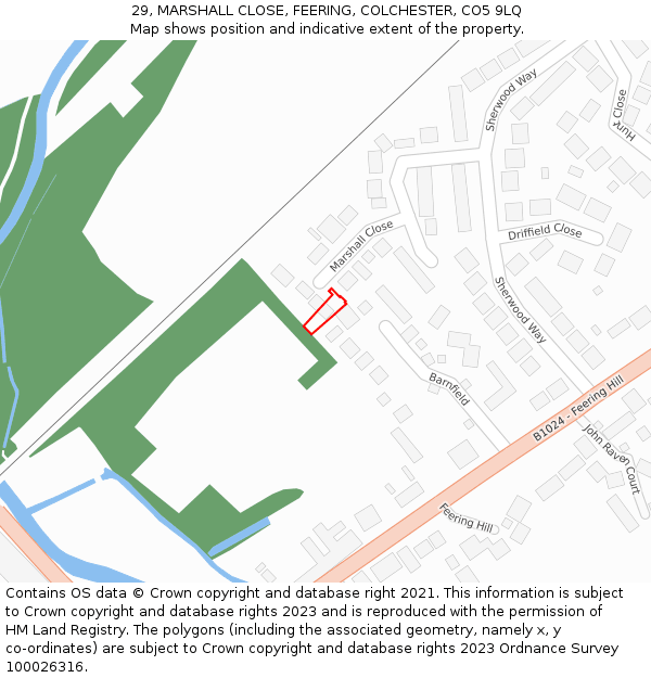 29, MARSHALL CLOSE, FEERING, COLCHESTER, CO5 9LQ: Location map and indicative extent of plot