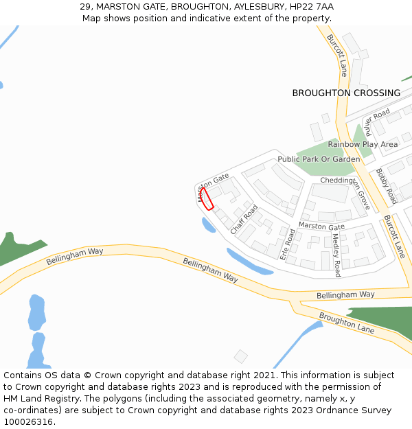 29, MARSTON GATE, BROUGHTON, AYLESBURY, HP22 7AA: Location map and indicative extent of plot