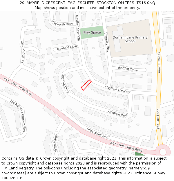 29, MAYFIELD CRESCENT, EAGLESCLIFFE, STOCKTON-ON-TEES, TS16 0NQ: Location map and indicative extent of plot