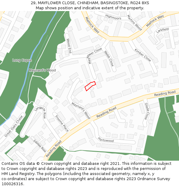 29, MAYFLOWER CLOSE, CHINEHAM, BASINGSTOKE, RG24 8XS: Location map and indicative extent of plot