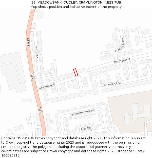 29, MEADOWBANK, DUDLEY, CRAMLINGTON, NE23 7UB: Location map and indicative extent of plot