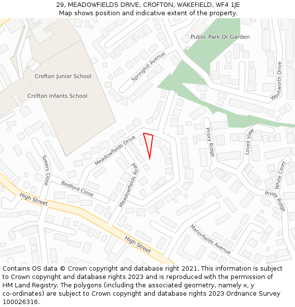 29, MEADOWFIELDS DRIVE, CROFTON, WAKEFIELD, WF4 1JE: Location map and indicative extent of plot