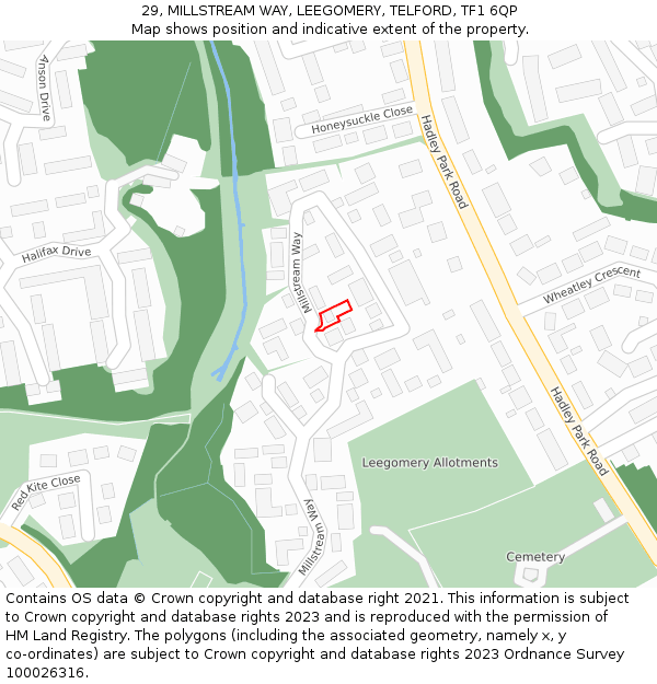 29, MILLSTREAM WAY, LEEGOMERY, TELFORD, TF1 6QP: Location map and indicative extent of plot