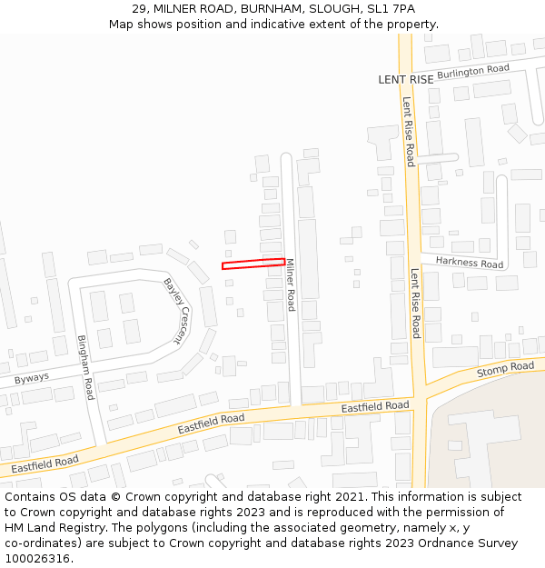 29, MILNER ROAD, BURNHAM, SLOUGH, SL1 7PA: Location map and indicative extent of plot