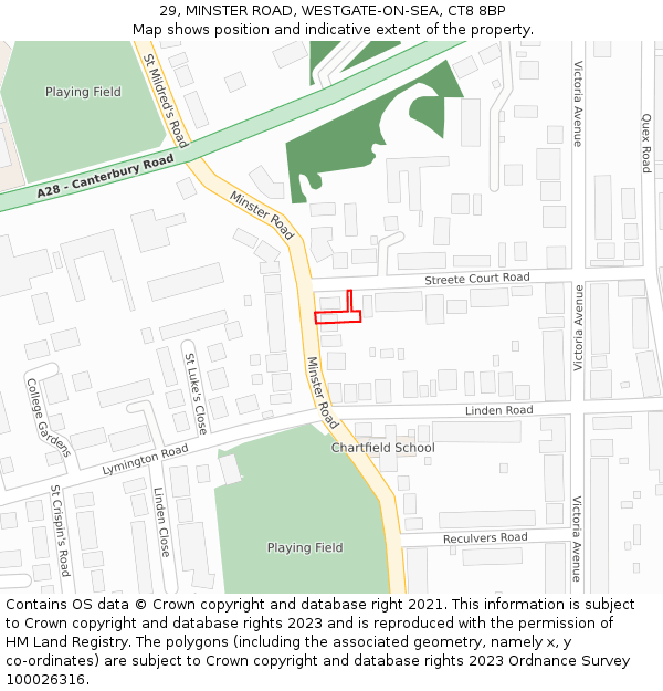 29, MINSTER ROAD, WESTGATE-ON-SEA, CT8 8BP: Location map and indicative extent of plot