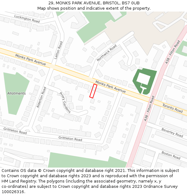 29, MONKS PARK AVENUE, BRISTOL, BS7 0UB: Location map and indicative extent of plot