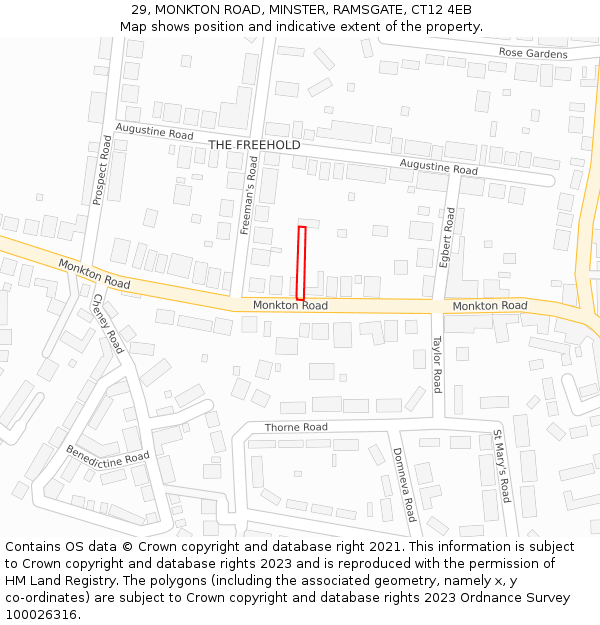 29, MONKTON ROAD, MINSTER, RAMSGATE, CT12 4EB: Location map and indicative extent of plot