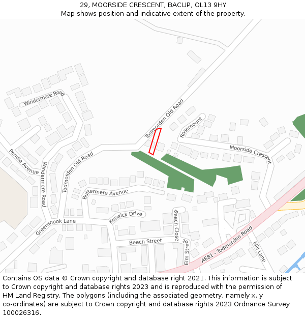 29, MOORSIDE CRESCENT, BACUP, OL13 9HY: Location map and indicative extent of plot