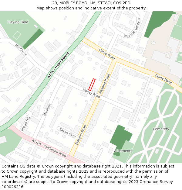 29, MORLEY ROAD, HALSTEAD, CO9 2ED: Location map and indicative extent of plot